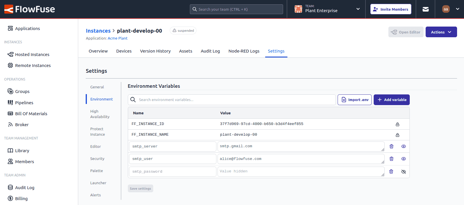 Screenshot of the new hidden environment variables feature - Hosted Instances