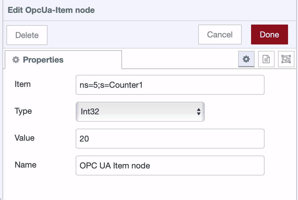 Screenshot showing OPC UA Item node configuration for write operation